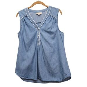 ModCloth Chambray Top Womens Large Blue Sleeveless V-Neck Cotton‎ Piping Blouse